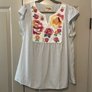 Savanna Jane 1X Black White Polka Dot Embroidered Floral Top Plus Size